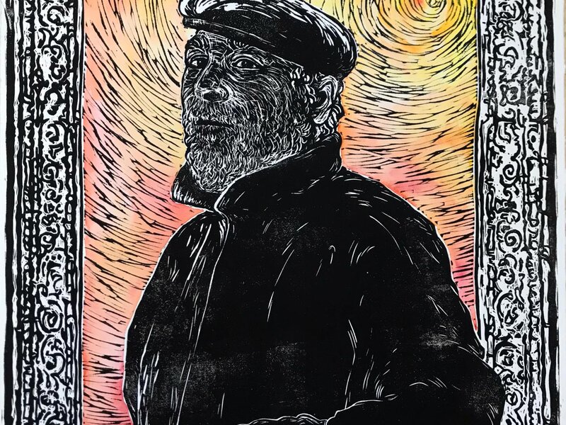 linoleum print of my father, hand out of the frame, in both worlds, calm and wise