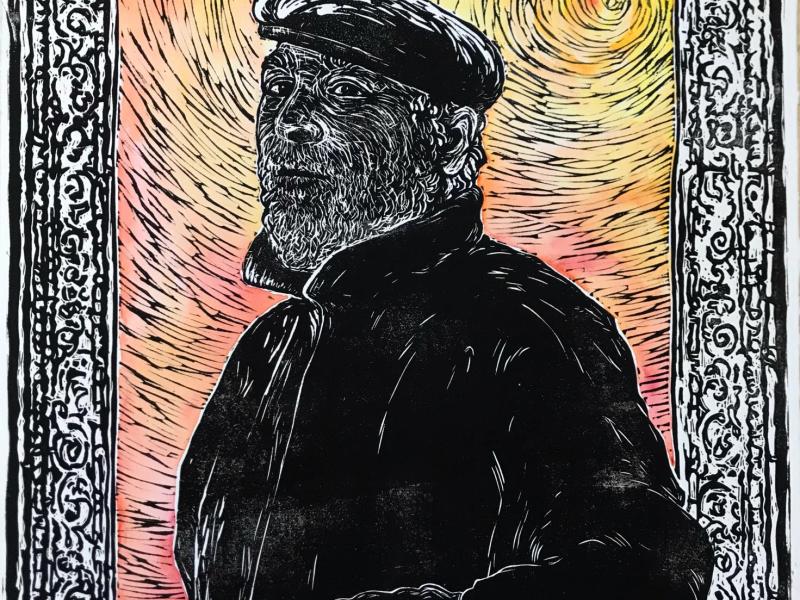 linoleum print of my father, hand out of the frame, in both worlds, calm and wise