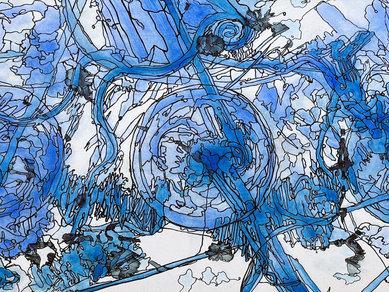 abstract watercolor with circles and lines in various shade of blue