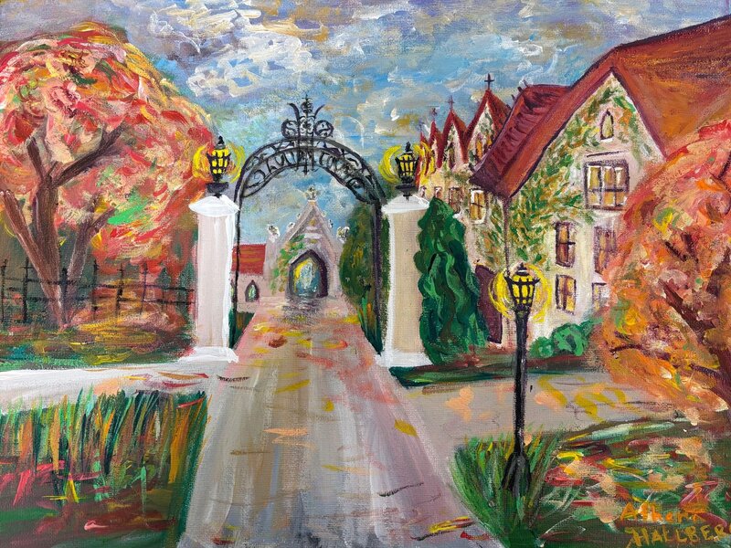 Acrylic Painting Cobb Gate at the University of Chicago in Fall 