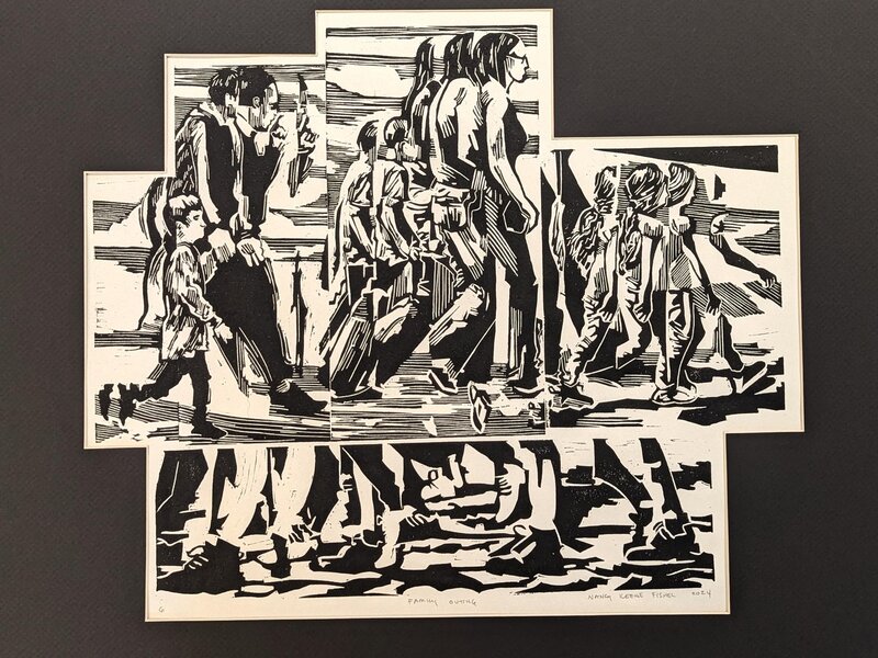 Block print of people walking