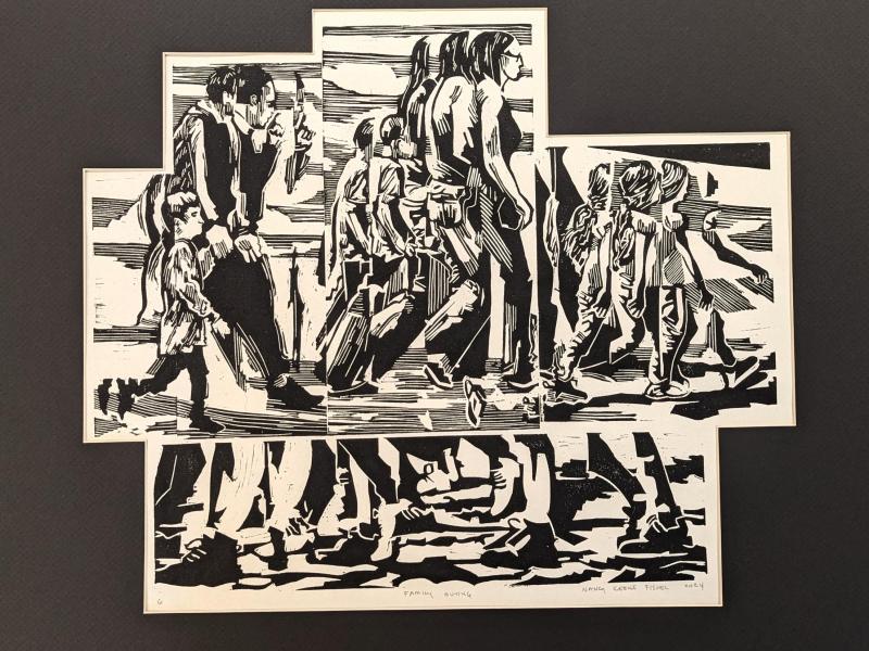 Block print of people walking