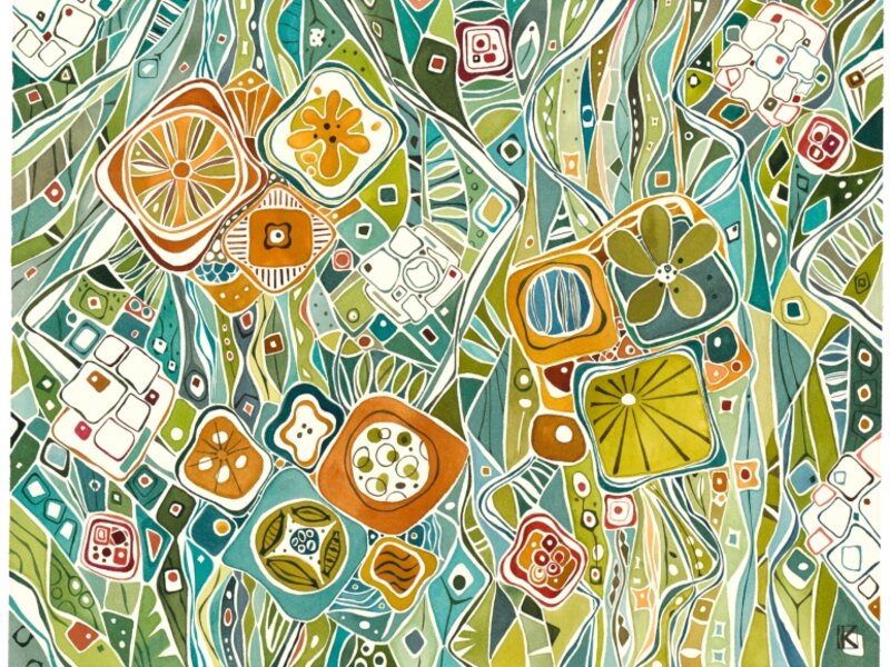 Watercolor painting of flowers in green, orange and turquoise fantasy.