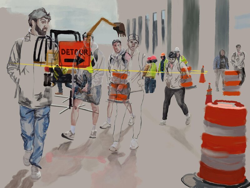 Digital painting of workmen and pedestrian 