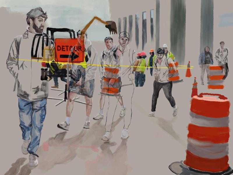 Digital painting of workmen and pedestrian 