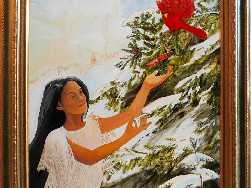 Snow blankets everything on Midwinter's day - A cardinal drops a feather to Nina to wear in her hair