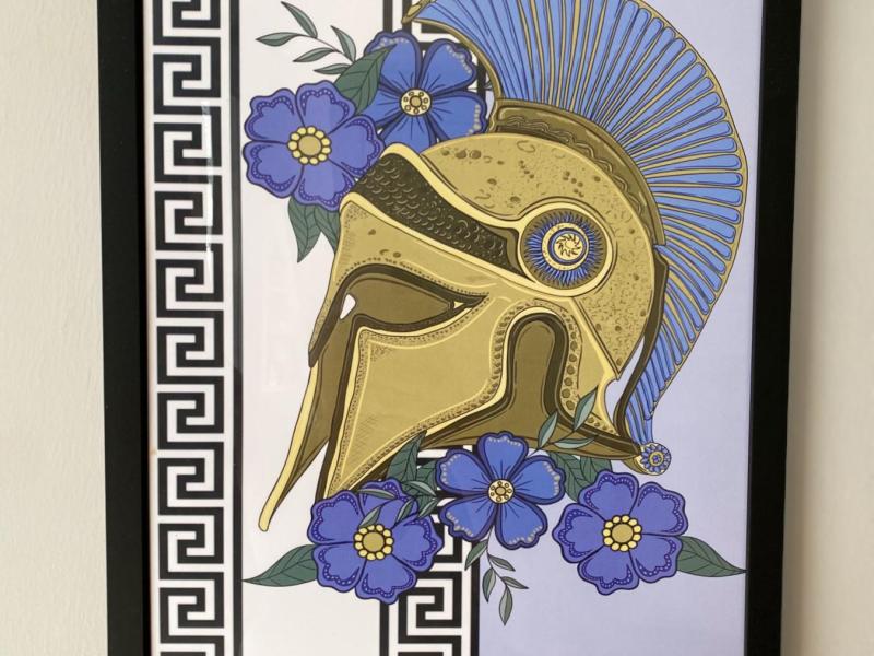 Spartan war helmet and American traditional flowers, digital drawing printed on paper 