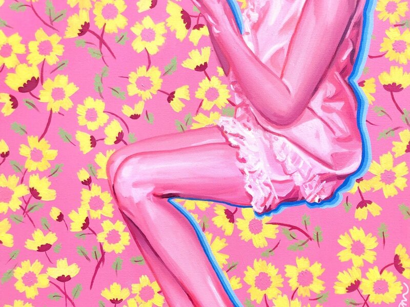 A mid century woman from the shoulders down, sitting. But she's not sitting on anything, it's just a seated pose. She's pink monochromatic, holding a cigarette. The background is pink with yellow flowers. 