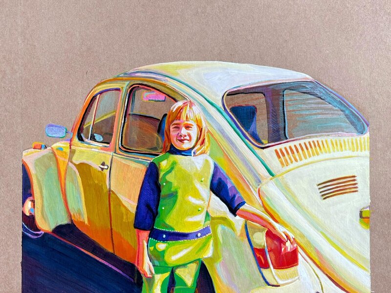 A colorful, mixed media piece of a little blonde girl in front of a mid century yellow beetle car. The background is cardboard material. 