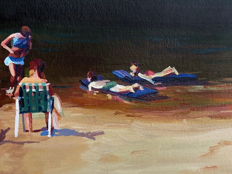 A brushy, figurative pairing of a mid century family at a lake. A woman is getting out of the water, two boys are further back on rafts, and a teenager has his back to the camera and is sitting in a green folding chair. 
