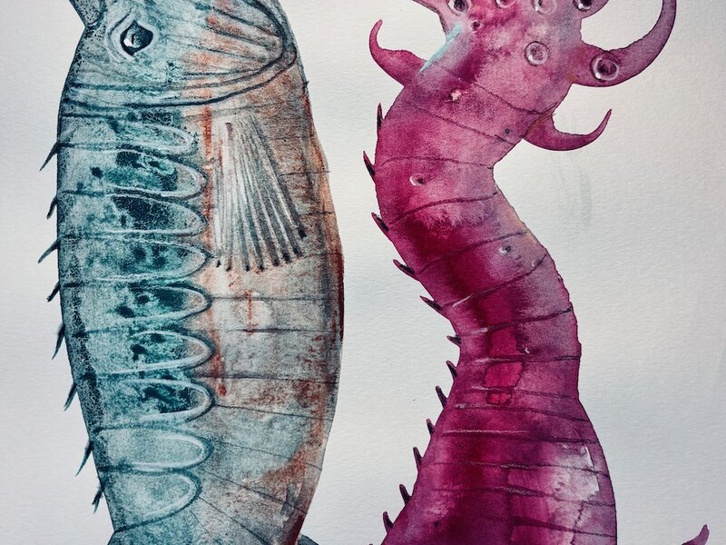 Two fishes. Painting in gouache, December, 2024.
