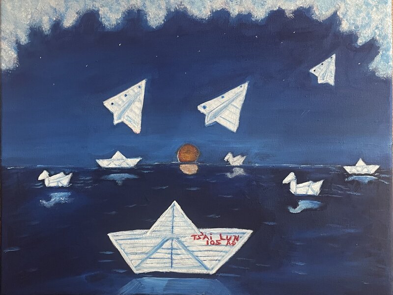 origami sunset with paper planes , boats and swans