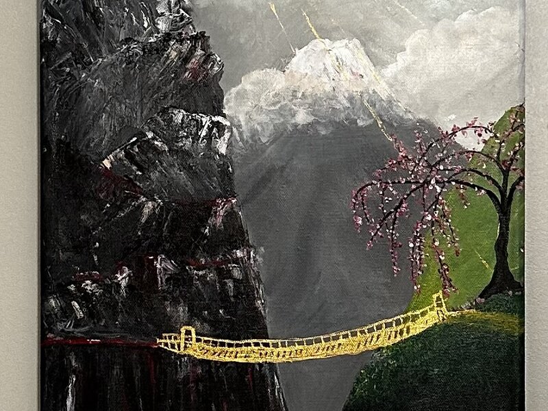 Japanese style painting of high mountains with a golden bridge to a verdant weeping cherry