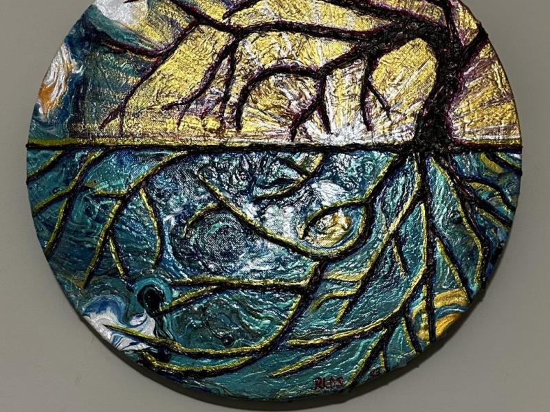 Round Tree of Life rooted in planet Earth with an iridescent sunrise at the horizon 