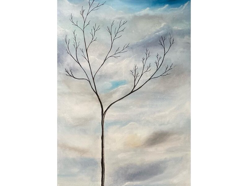 Lone tree on cliff. Two moons in a moody sky watching over. 