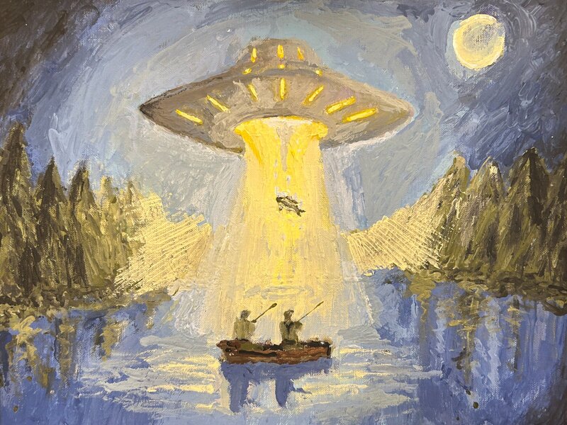 A flying saucer abducts two anglers' catch away from them.
