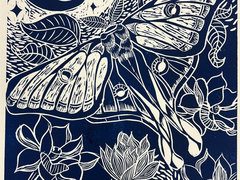 Moonlit Messenger Linoleum Block Print
