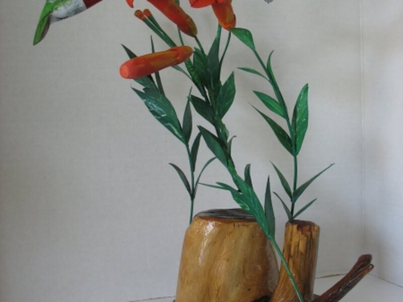 Carved Humming Birds On Trumpet vine flowers