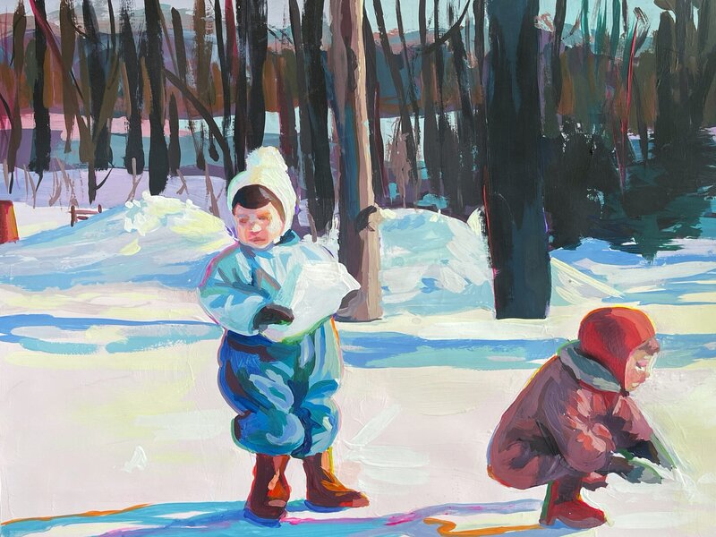 Two mid century children playing in the snow. The girl is holding a big snow chunk while the boy in a red snow suit bends down to pick up more snow. There are trees in the background. 