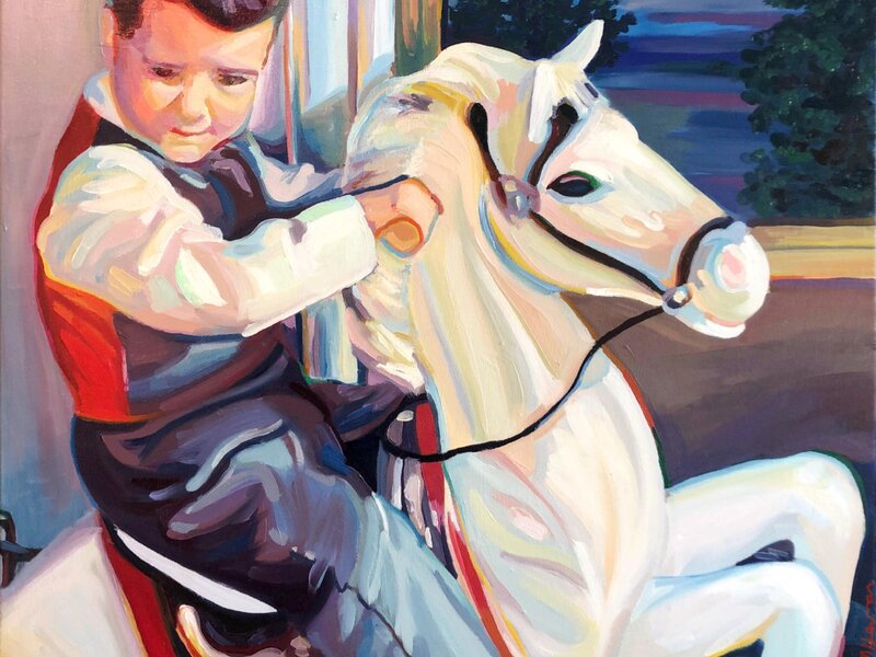 A brushy, dreamy oil painting of a little boy in the 1960s riding a white rocking horse. 
