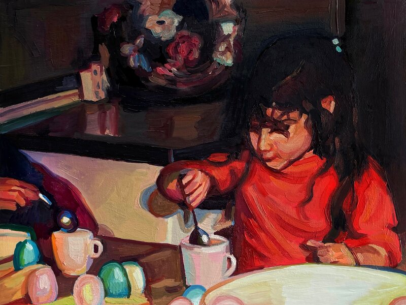 A little mid century girl dipping her Easter egg into the dye. She is very concentrated. The painting is dark and contrasty, giving an old camera vibe. 
