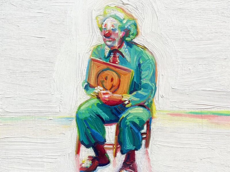 A chunky oil painting of a sad clown dressed in teal. He is seated on a little red chair, holding up a sign of a smiley face. But he's clearly sad. 