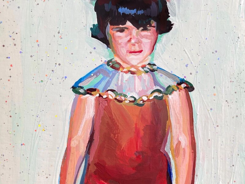 A little mid century girl wearing a bear ballet costume in preparation for a recital. She doesn't look thrilled The background is very pale green. 