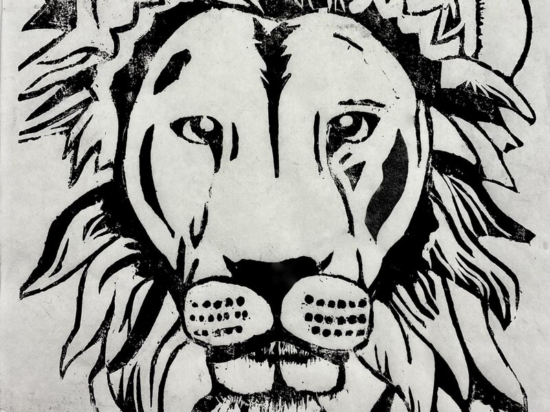 Japanese Style WoodBlock Carving of a Lion profile printed with black ink on sheet of rice paper