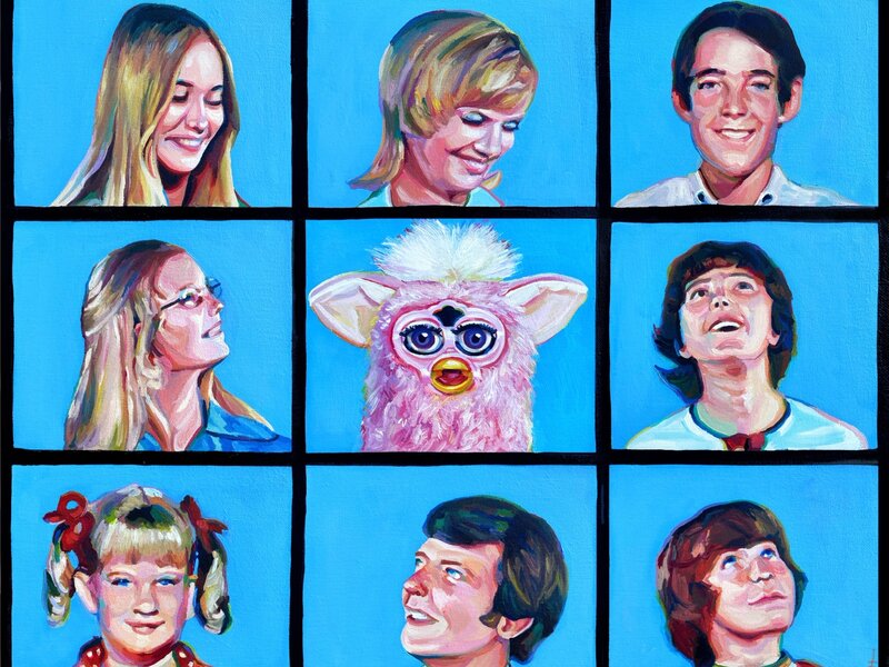 An oil painting of the Brady Bunch title screen, but a Furby is in the center in place of Alice. 