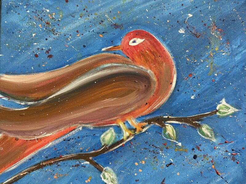  red bird on a branch with fire works in the sky 