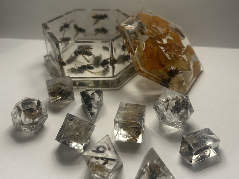 An open box, and set of dice, each carrying within a tiny wasp or bee.