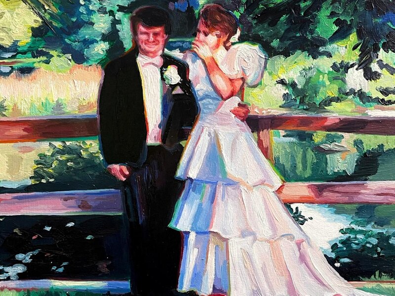 A couple from the 1980s on their wedding day. They are in front of a beautiful lake with lots of greenery. The paint is chunky and colorful oil paint. 