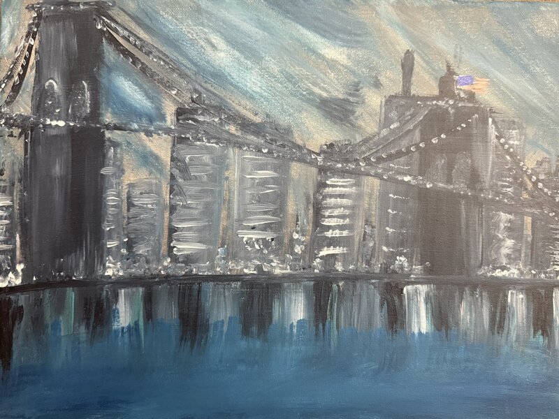 Brooklyn bridge with american flag 