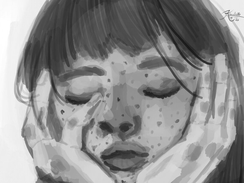 girl with eyes close and head in her hands, all gray