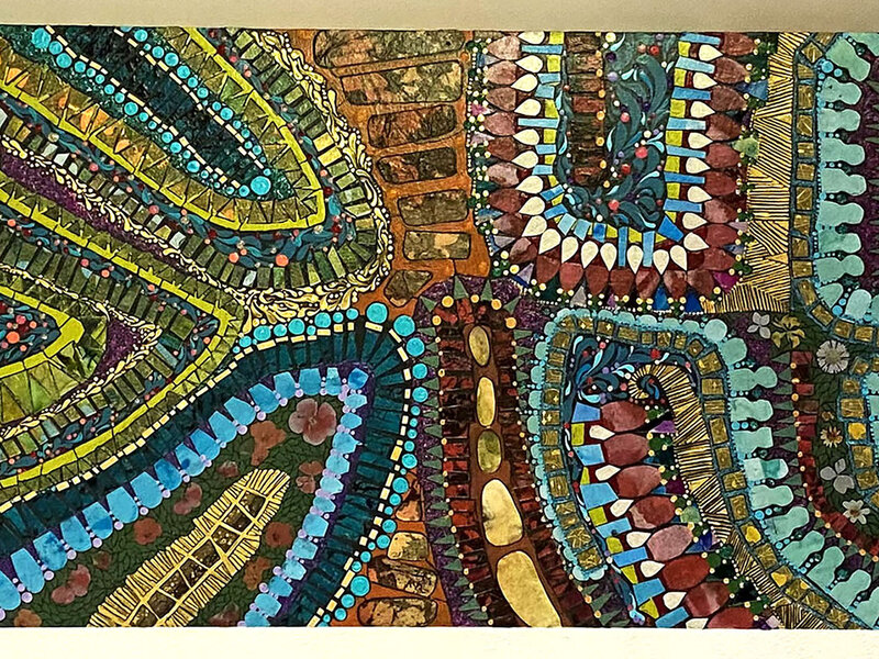 Mixed media work inspired by ancient labyrinth designs.