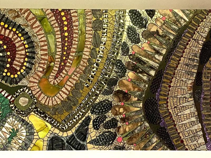Mixed media work inspired by ancient labyrinth designs.
