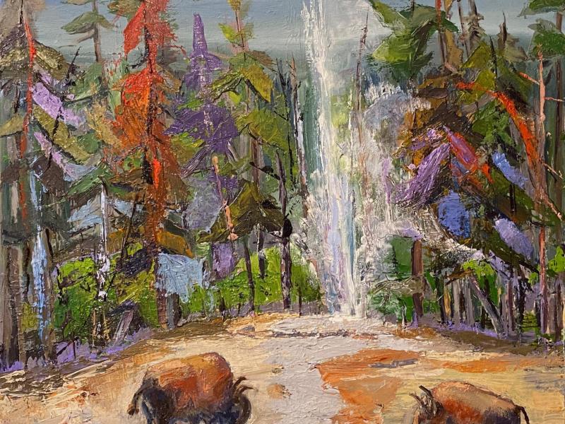 Impressionistic Painting of Old Faithful with Bison 