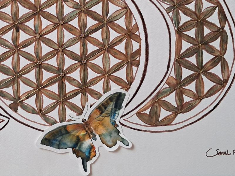watercolor: Flower of Life with Butterfly, in rich golden browns and green
