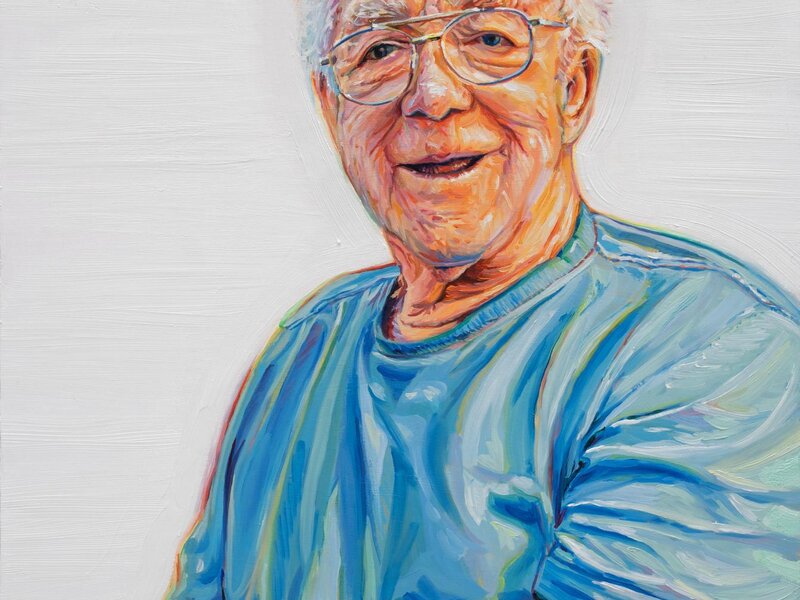 A chunky oil painting of an old man aged 93. He's smiling at the camera in front of a white background. 