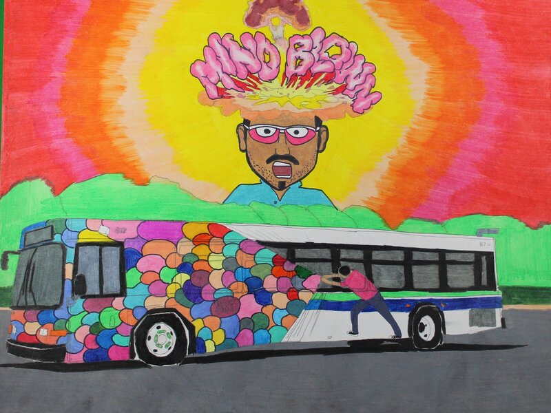 Mind Blown while artist rip off into design bus wrap