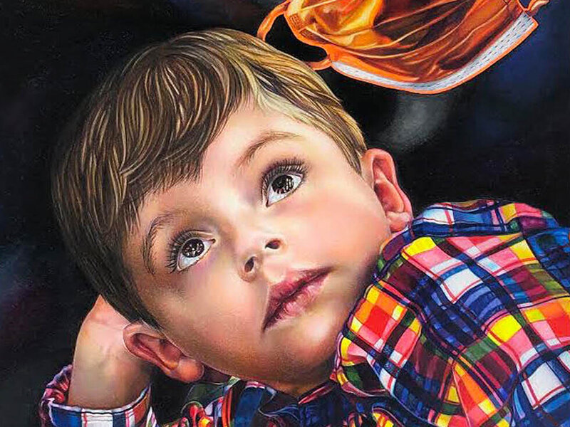 Kisses Through Covid Masks, 18" x 33," colored pencil