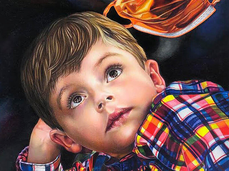 Kisses Through Covid Masks, 18" x 33," colored pencil