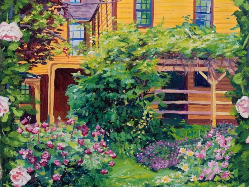 An acrylic painting of a historic house and garden from Hartford, CT. There are tons of beautiful flowers everywhere and there is a rose arch around the edges. 