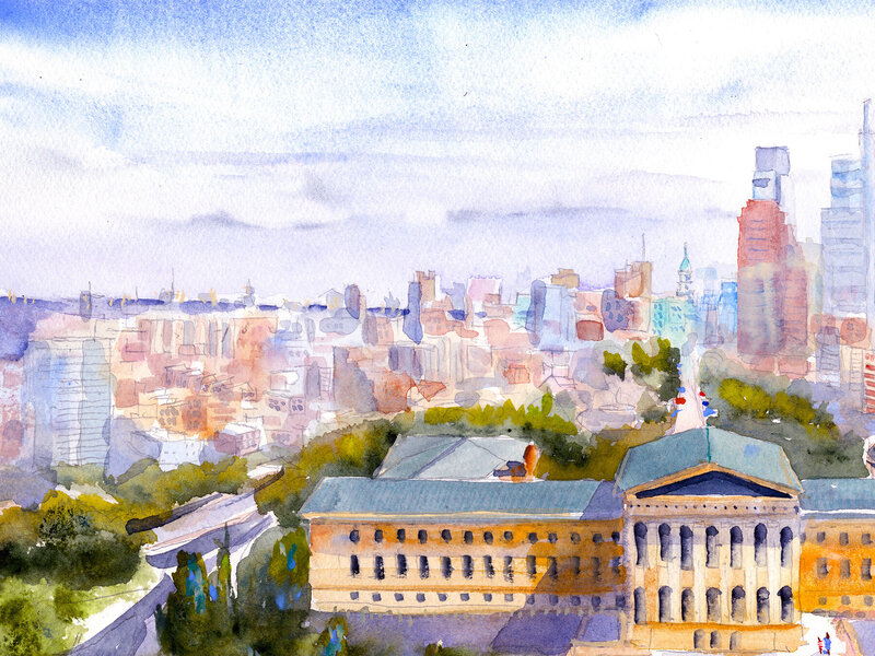 Philadelphia Art Museum and Skyline Watercolore