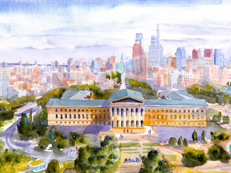 Philadelphia Art Museum and Skyline Watercolore