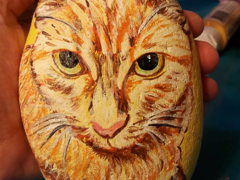Painting of my orange female tabby on rock.