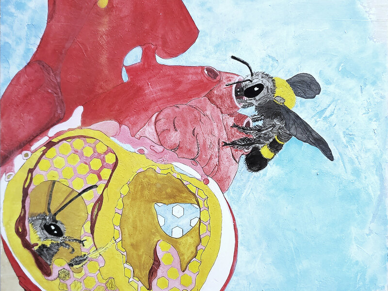 She Crawled Into My Heart mixed media painting on board 12" X 12"