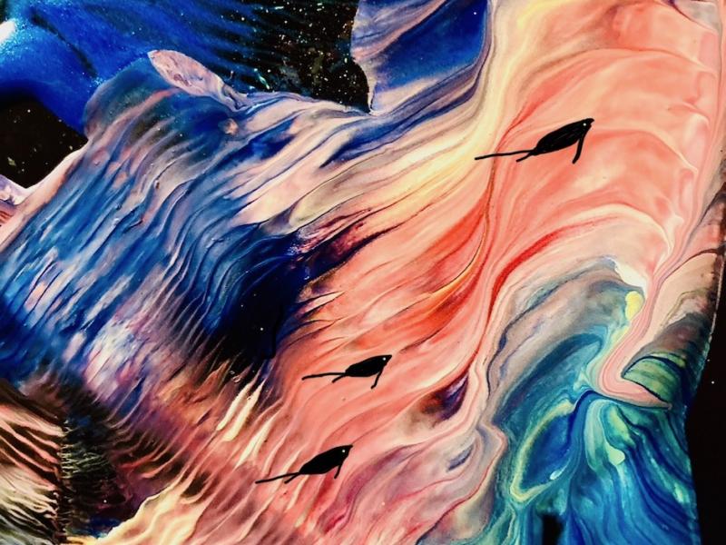 Painting in acrylic on black surface, August, 2025.