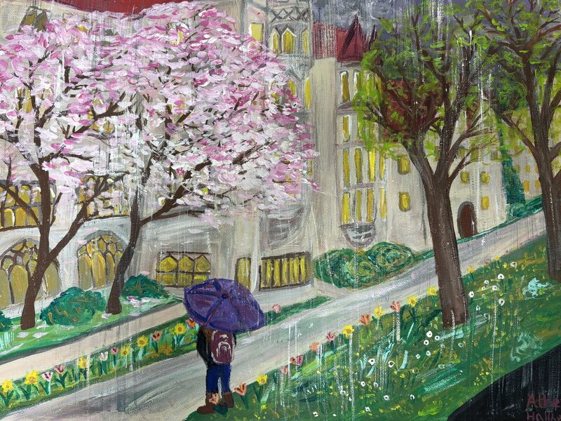Acrylic Painting a Girl walking outside Harper Library in the rain stops to looks at a tree with pink flowers