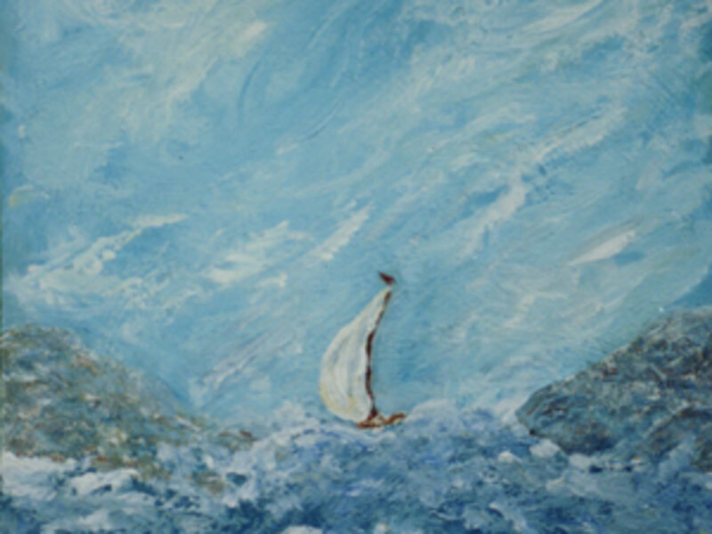 painting of a sailboat caught in rough seas